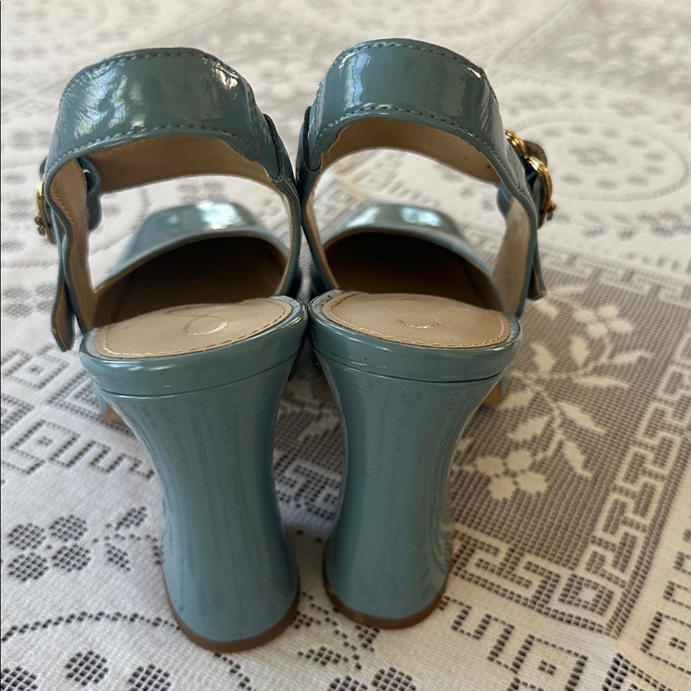 SAM EDELMAN Jildie Slingback Mary Jane Pump Blue Patent Square Toe Block Heel 7 - Picture 4 of 9